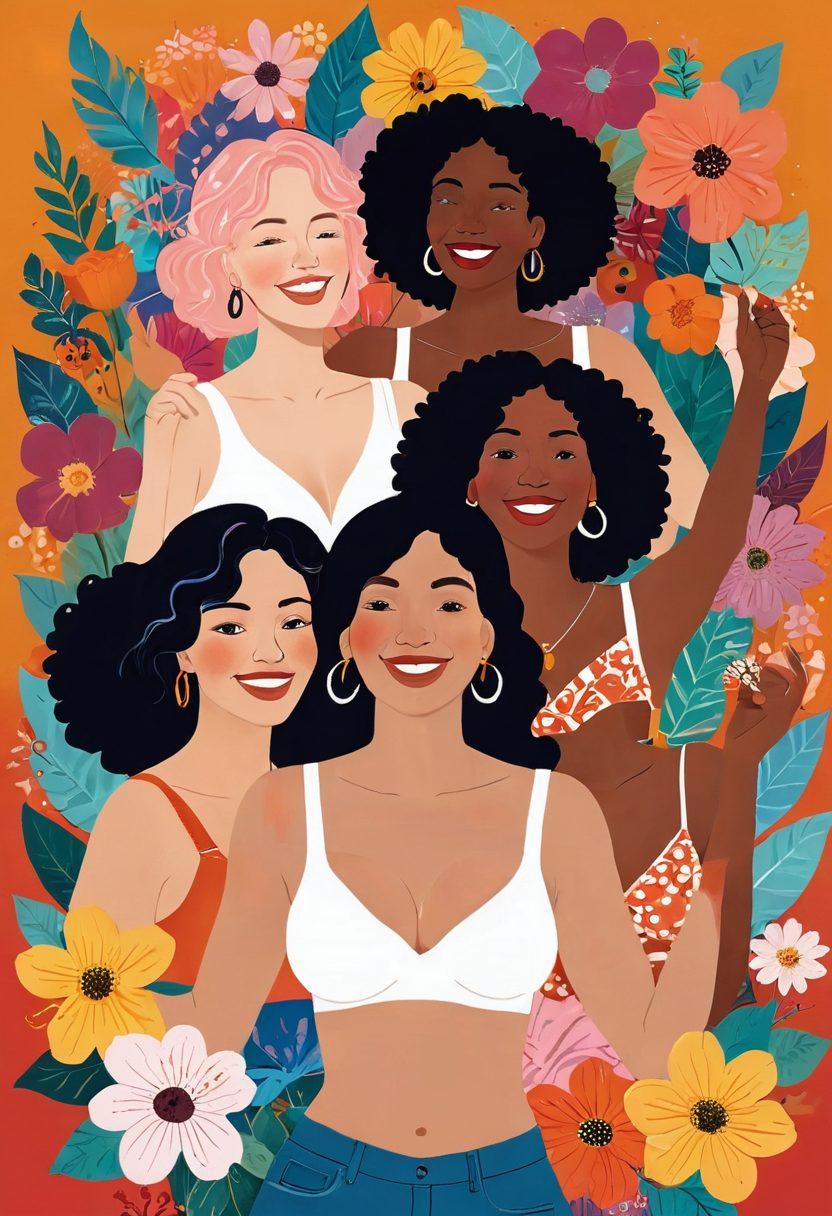 A whimsical collage featuring diverse women joyfully celebrating their femininity, with playful illustrations of breasts adorned with flowers and empowering symbols. Include laughter and warmth in their expressions, surrounded by a vibrant, colorful background of abstract shapes and representations of sexuality and empowerment. Emphasize openness and positivity in the mood, creating an inviting and lighthearted atmosphere. vibrant colors. playful vector art. whimsical style.