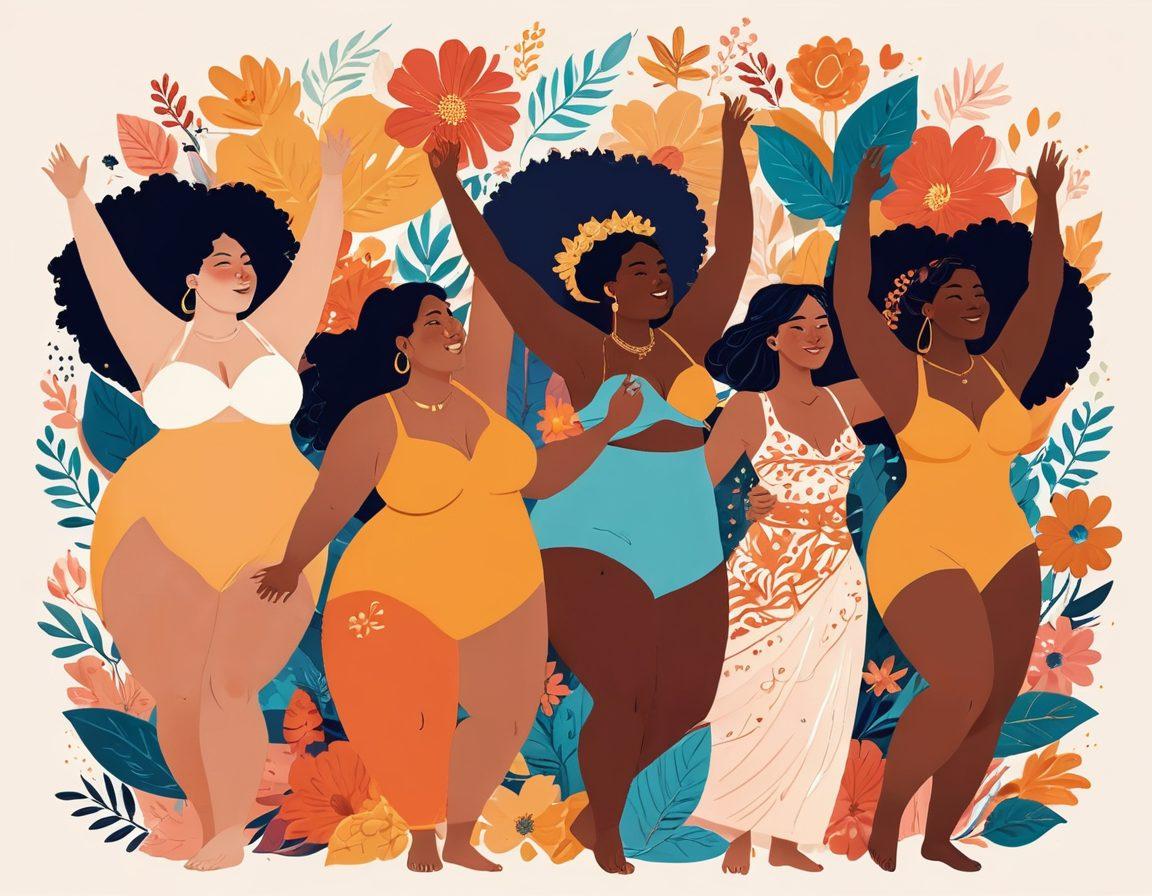 A whimsical and colorful illustration depicting diverse women of various body types and ethnicities playfully engaging in activities that celebrate body positivity and intimacy, surrounded by mythological symbols that challenge stereotypes. The scene conveys joy, empowerment, and connection, with floral and abstract elements adding a sense of playfulness. bright colors. vector art.