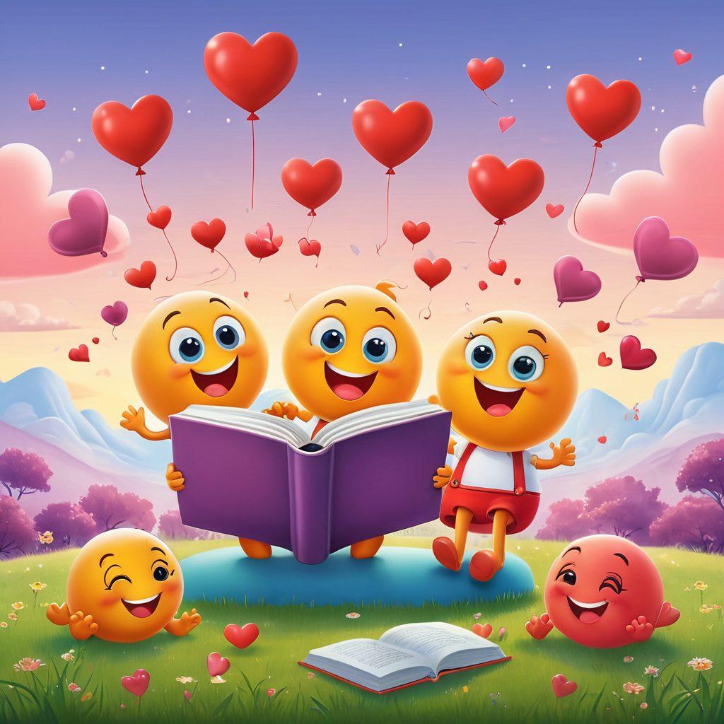 A whimsical illustration featuring cheerful cartoon characters engaging in funny scenarios related to sexual wellness, surrounded by playful heart emojis and laughter bubbles. The background should be colorful and inviting, with a soft gradient sky adding warmth to the scene. Incorporate elements such as books and wellness symbols to represent education and health in a lighthearted manner. cartoon style. vibrant colors. playful atmosphere.